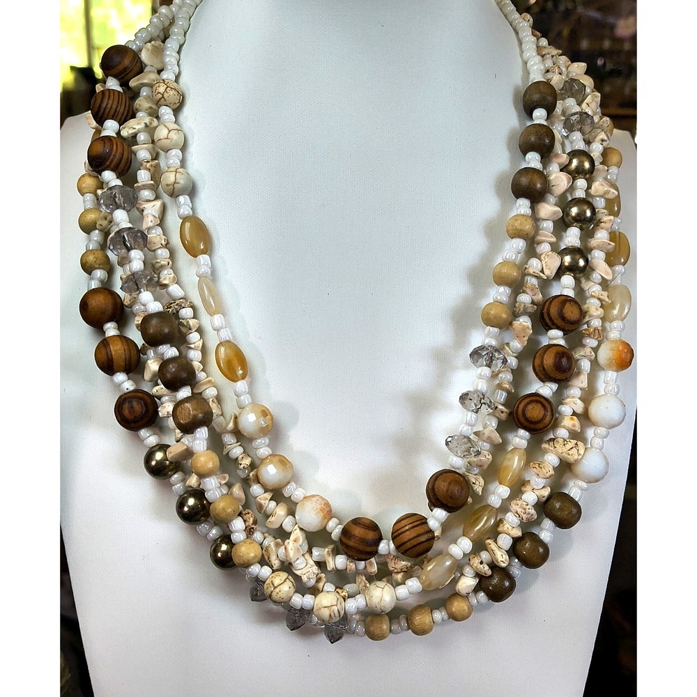 Erica Lyons Multi Strand Beaded Necklace Glass Gemstone Chips Wood Adjustable